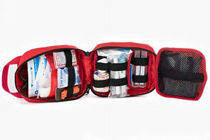 Red first aid kit with open compartments on a white background

