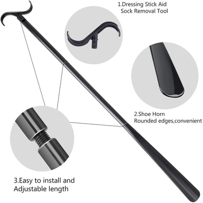 Close-up of dressing aid handle and shoe horn attachment. Ergonomic design for easy grip and dressing assistance.
