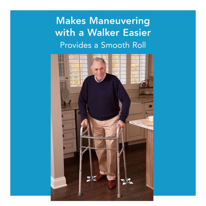 Man using a walker in a home setting with promotional text about its ease of use.