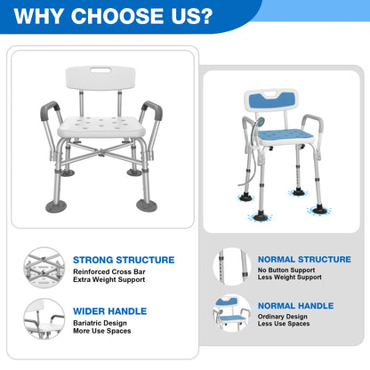 Comparison of two shower chairs with features highlighted on a white background.

