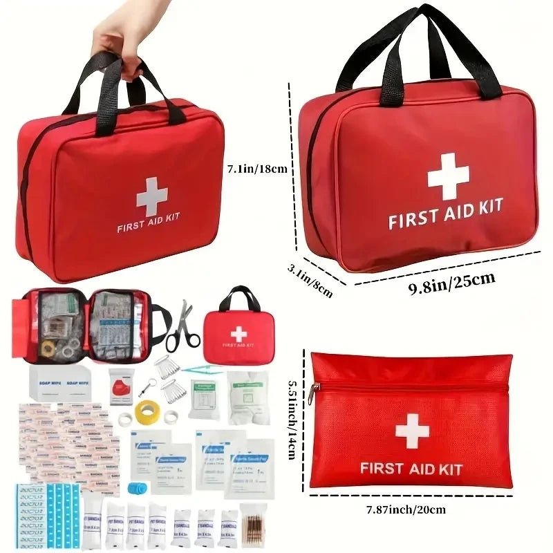Red first aid kit with contents and dimensions displayed

