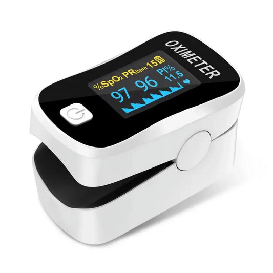 Finger oximeter with digital display on a white background

