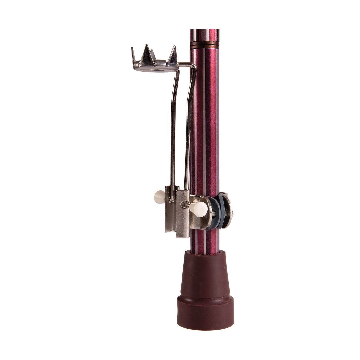 Red and brown metal stand with a spike on a white background