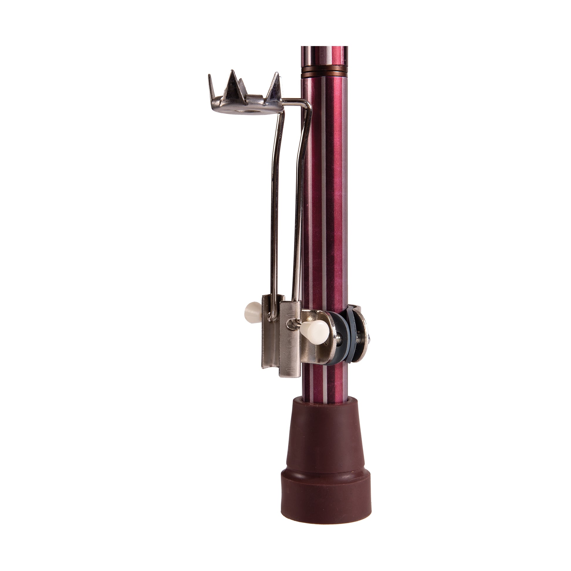 Red and brown metal stand with a spike on a white background