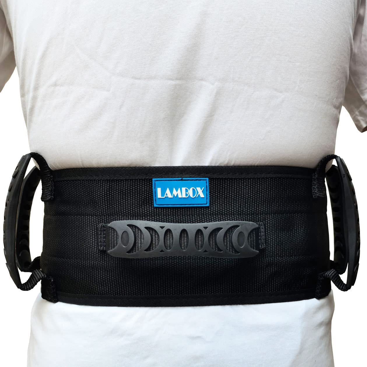 Black waist support belt with 'LAMBOX' branding on a white background

