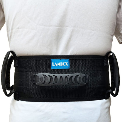 Black waist support belt with 'LAMBOX' branding on a white background

