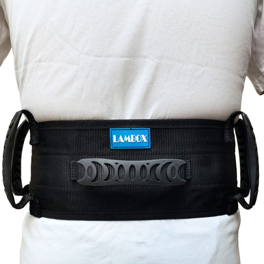 Black waist support belt with 'LAMBOX' branding on a white background

