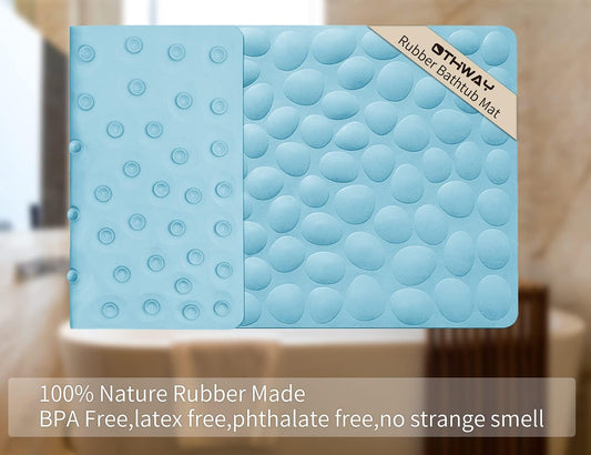 Blue rubber bath mat with textured surface and brand label on a blurred bathroom background