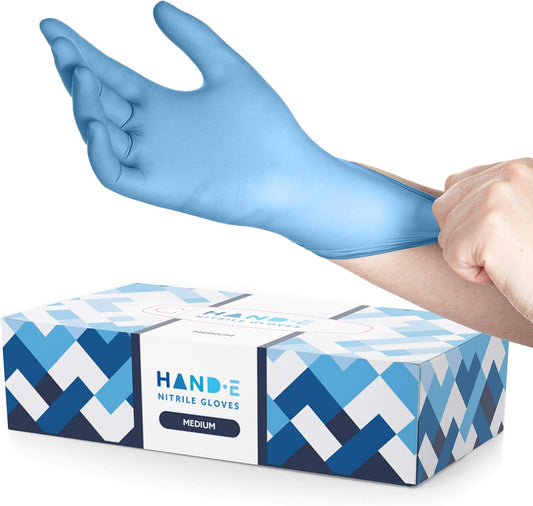 Box of Hand-E Touch black nitrile gloves, medium size. Latex-free, powder-free, 100-count for medical and hygiene use.