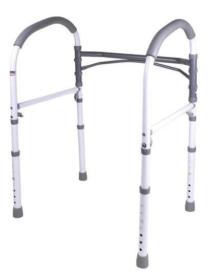 Carex toilet safety rails with adjustable frame and padded handles. Supports up to 300 lbs for secure bathroom mobility and sit-to-stand assistance.
