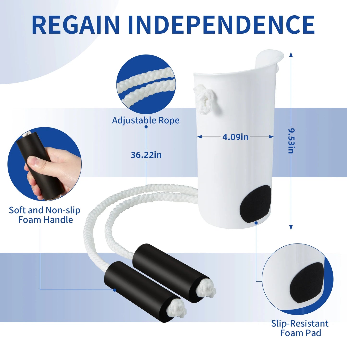 Jump rope with features highlighted on a blue background