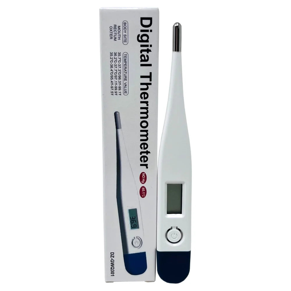 Digital thermometer with packaging on a white background