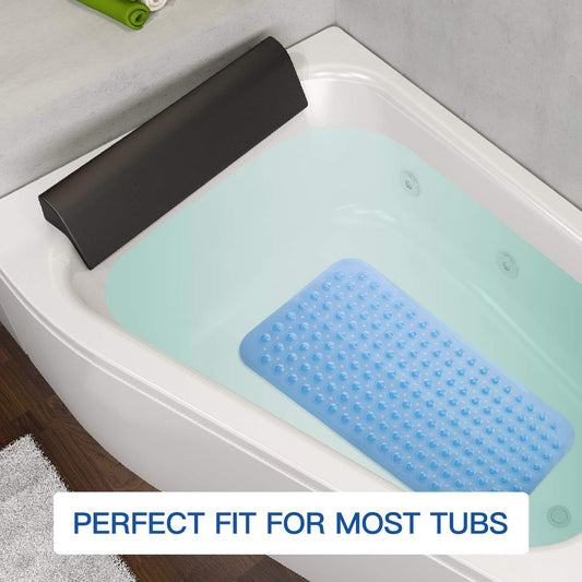 Blue bath mat with textured surface on a bathtub, with text 'Perfect Fit for Most Tubs'.

