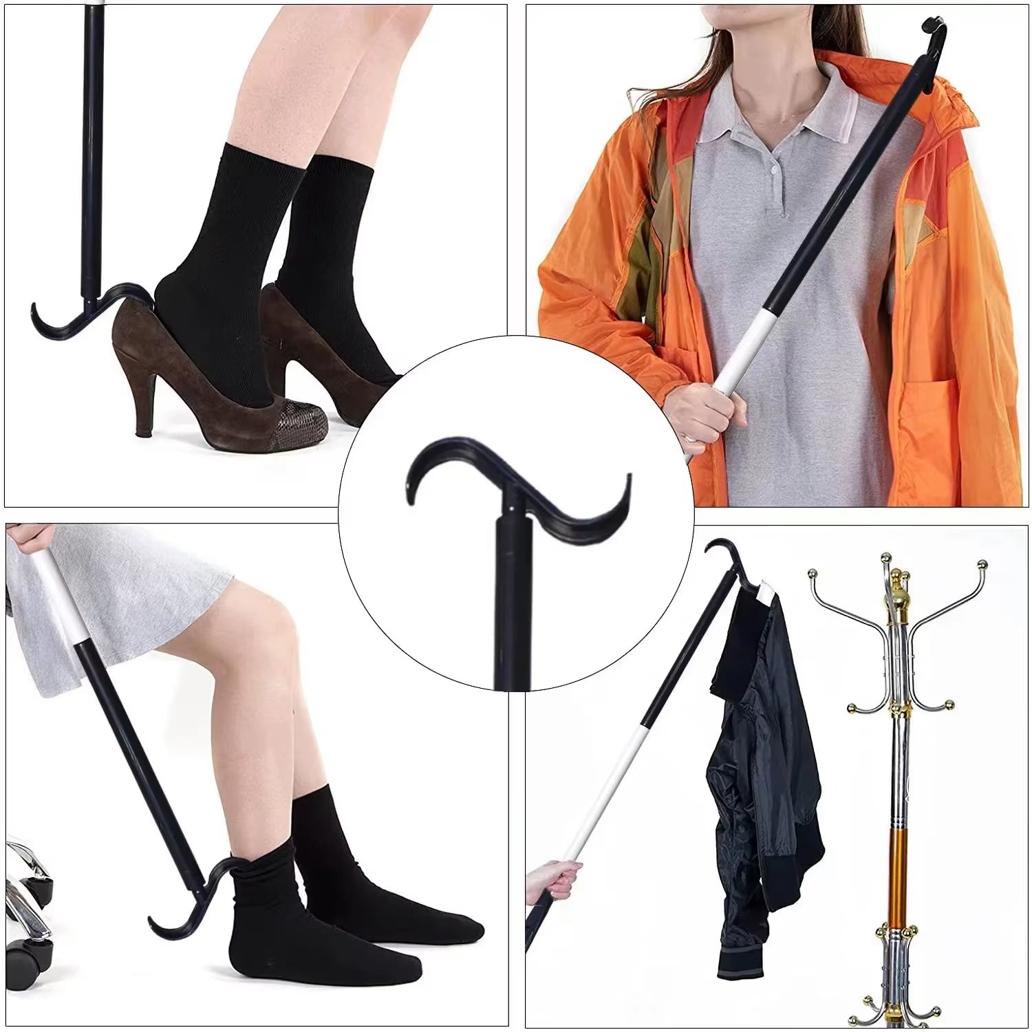 User applying socks or shoes with multi-function dressing aid. Ideal for seniors and post-surgery recovery.