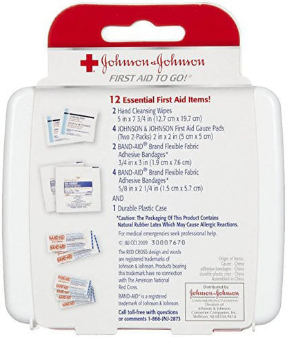 Johnson & Johnson first aid kit packaging with product list on a white background

