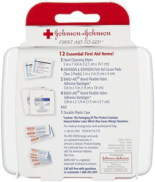 Johnson & Johnson first aid kit packaging with product list on a white background

