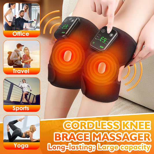Cordless knee brace massager being used on a person's knee with lifestyle icons and text indicating its use in various scenarios.

