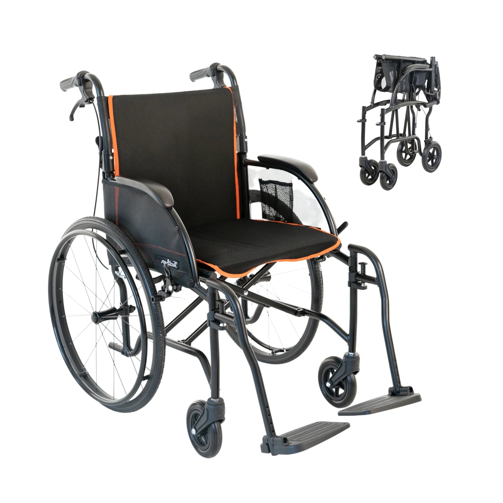 Black and orange wheelchair with folded-up components on a white background