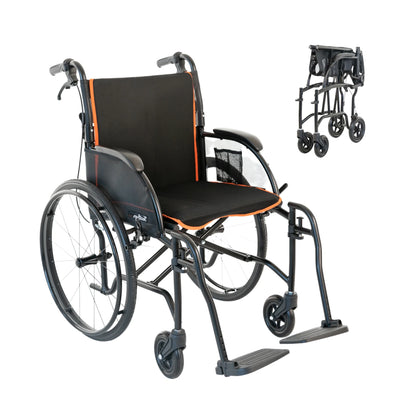 Black and orange wheelchair with folded-up components on a white background