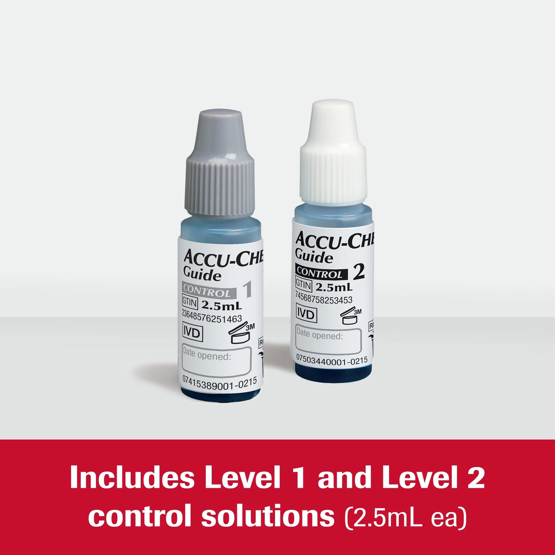 Two ACCU-CHI Guide control solution bottles with a red banner at the bottom.