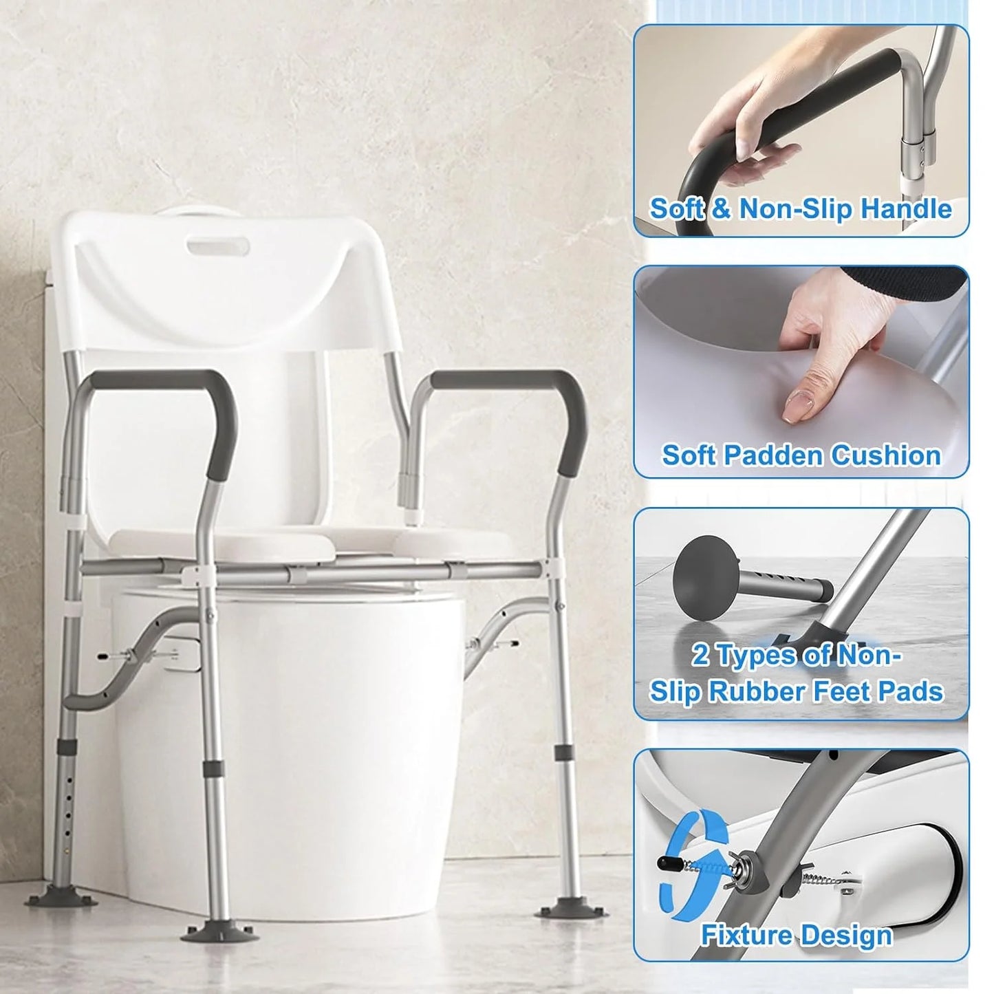 BESTSLE raised toilet seat with padded backrest and armrests. Doubles as a shower chair and supports up to 330 lbs for safe bathroom use.