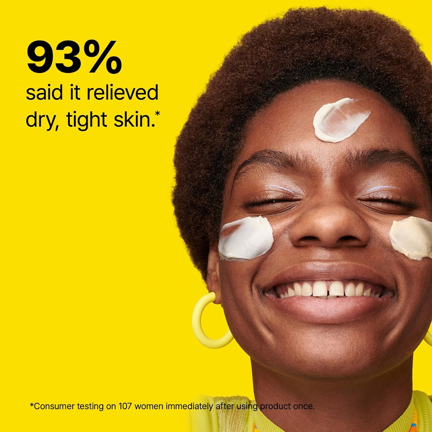 Person with cream on face against a yellow background, promoting skincare product efficacy.

