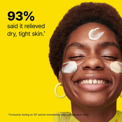 Person with cream on face against a yellow background, promoting skincare product efficacy.

