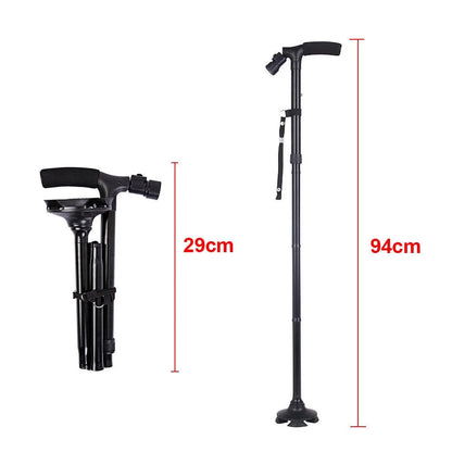 Black adjustable walking cane with measurements on a white background

