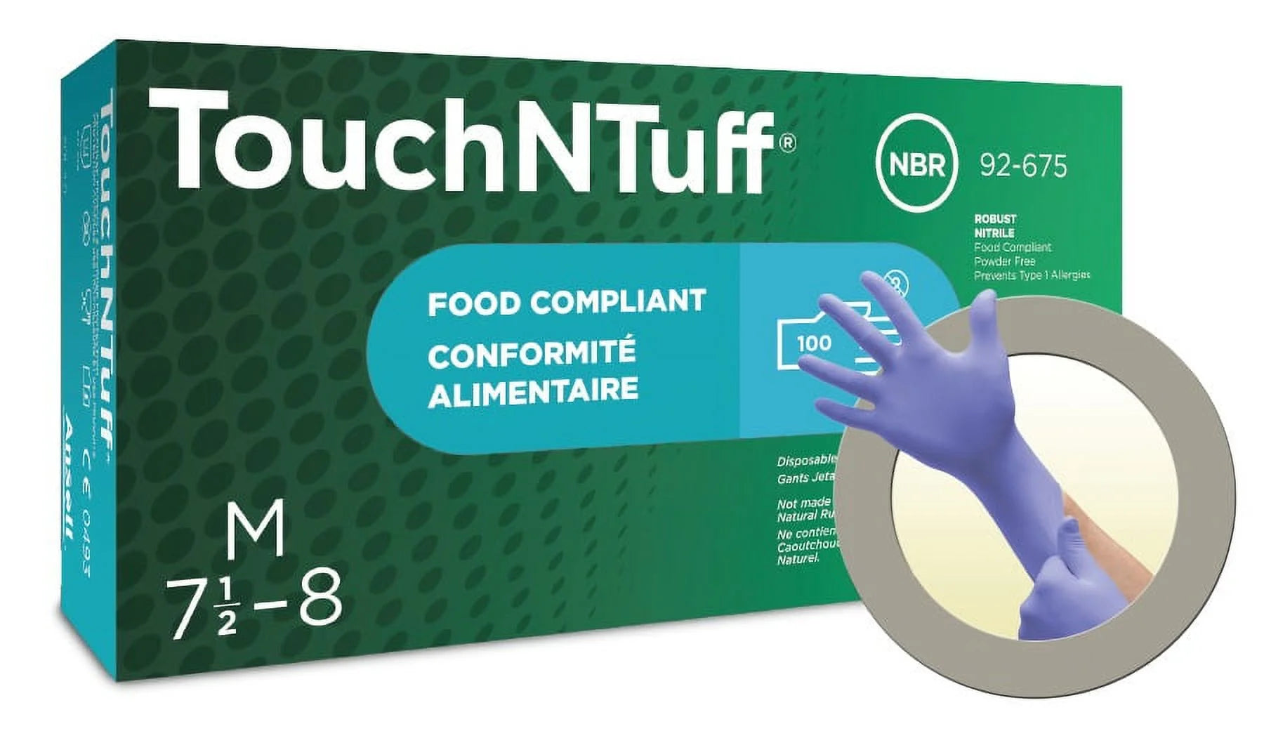 TouchNTuff food compliant gloves packaging with a purple glove on a white background