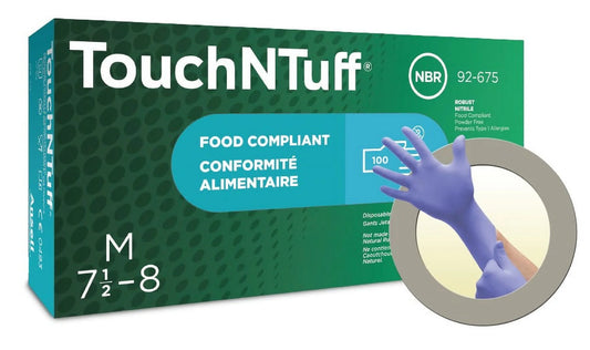 TouchNTuff food compliant gloves packaging with a purple glove on a white background
