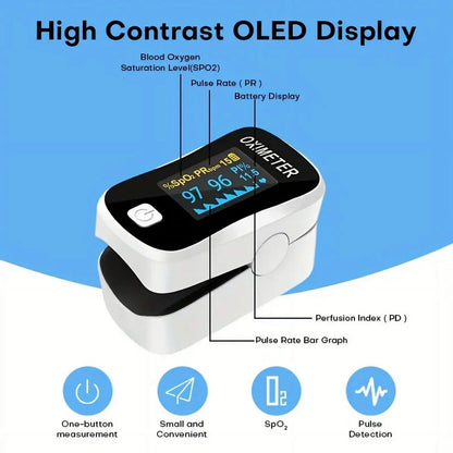 Oximeter with high contrast OLED display on a blue and white background

