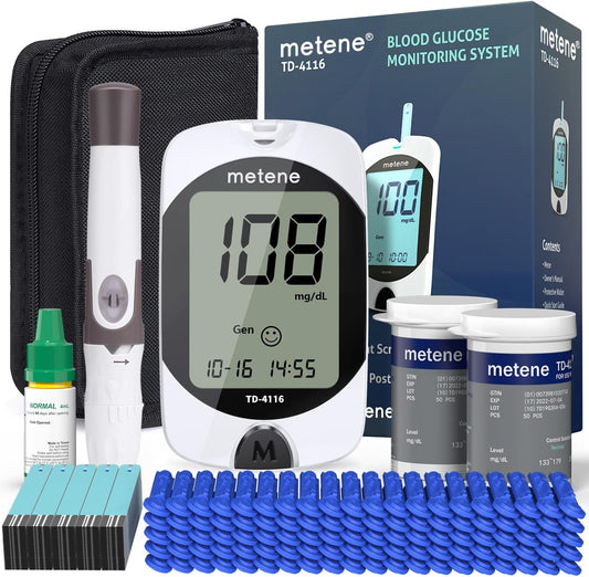Metene blood glucose monitoring system with components on a white background