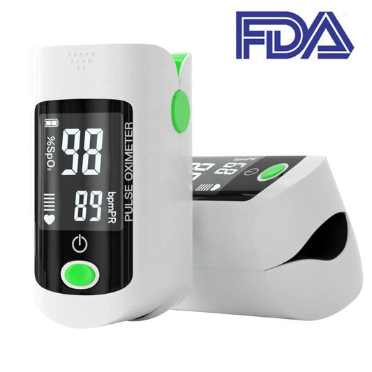 Pulse oximeter with digital display on a white background, featuring the FDA logo.

