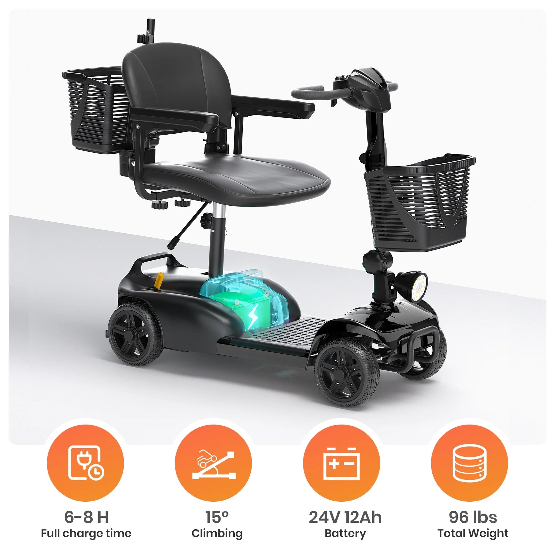 Black mobility scooter with features highlighted on a white background