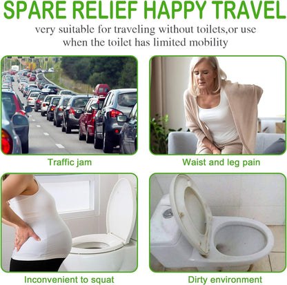 Advertisement for a female urinal with images of traffic, a woman in pain, and a toilet.

