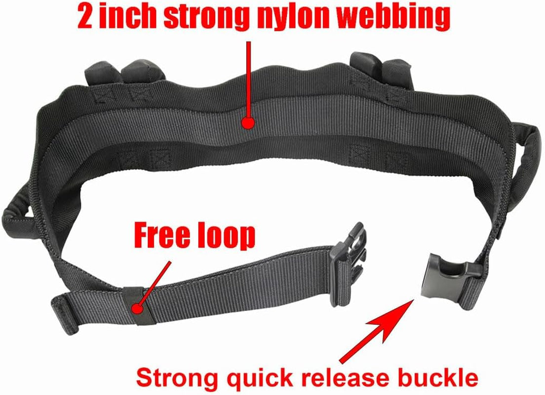Black belt with strong nylon webbing, free loop, and strong quick release buckle on a white background.