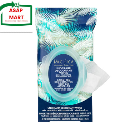 Pacifica underarm deodorant wipes with palm leaf design on a white background, featuring ASAP Mart logo.