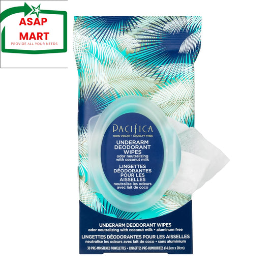 Pacifica underarm deodorant wipes with palm leaf design on a white background, featuring ASAP Mart logo.