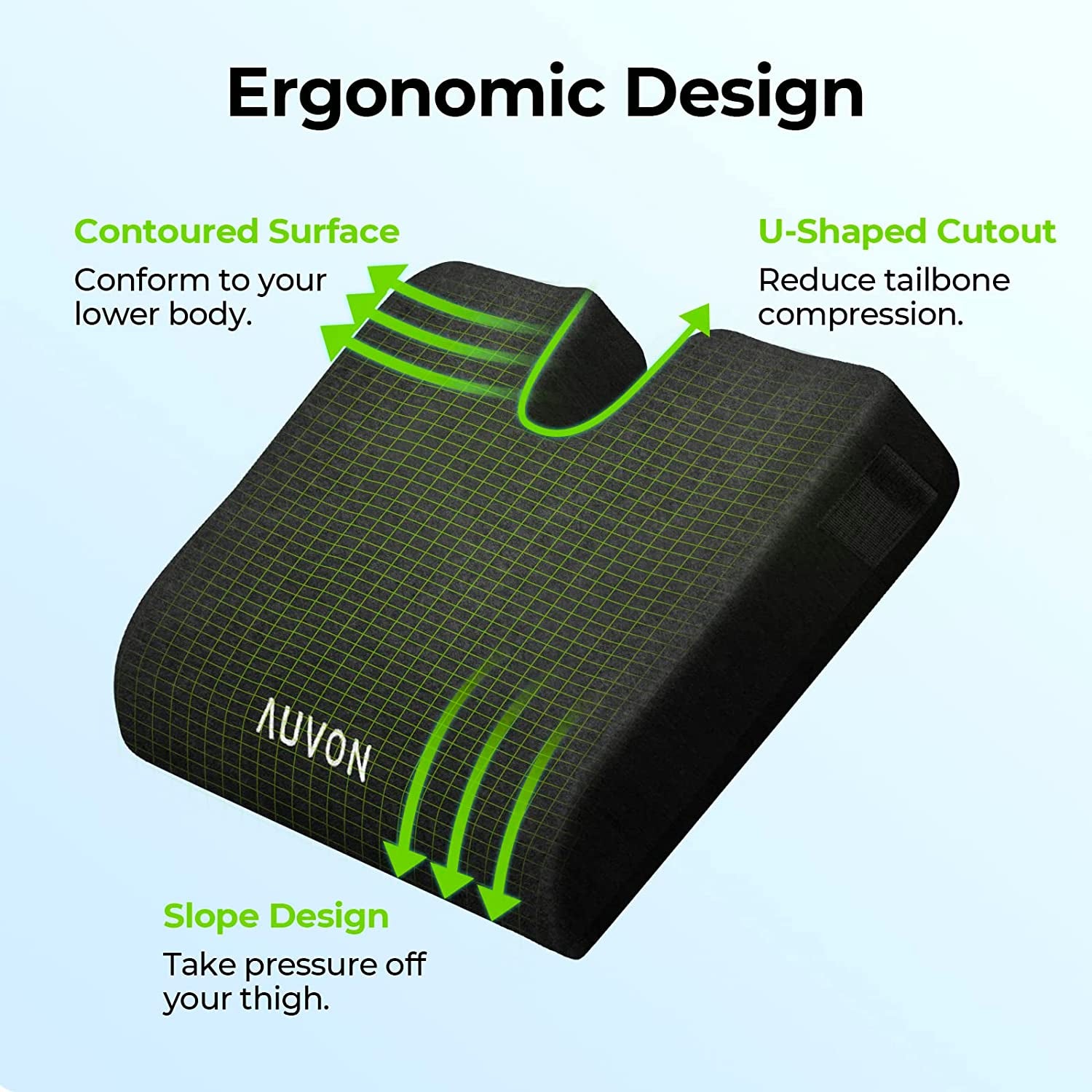 Ergonomic pillow with features highlighted on a light blue background

