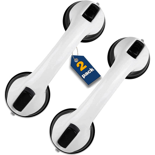 Two white handles with suction cups and a '2 pack' tag on a white background

