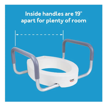 Carex toilet seat packaging with product features including 3.5-inch lift, padded handles, and 250 lb weight capacity.