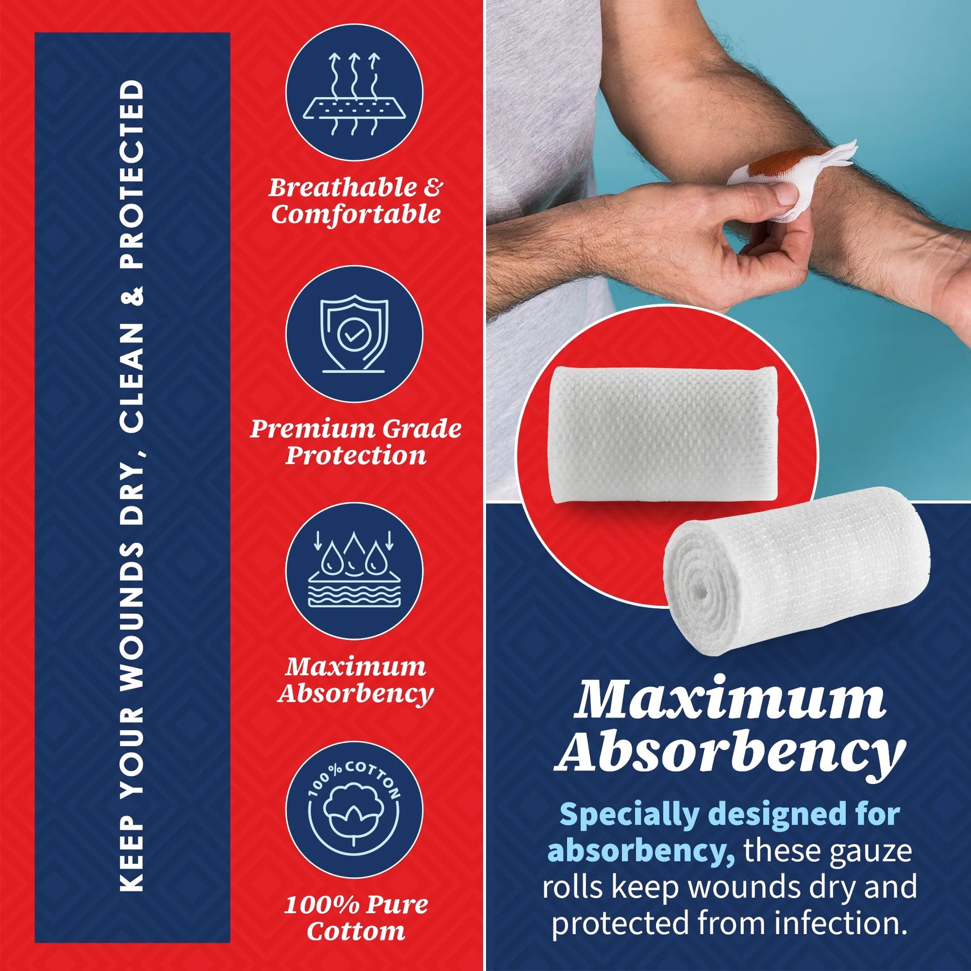 Gauze roll with text highlighting features like breathable comfort, premium grade protection, maximum absorbency, and 100% cotton content.