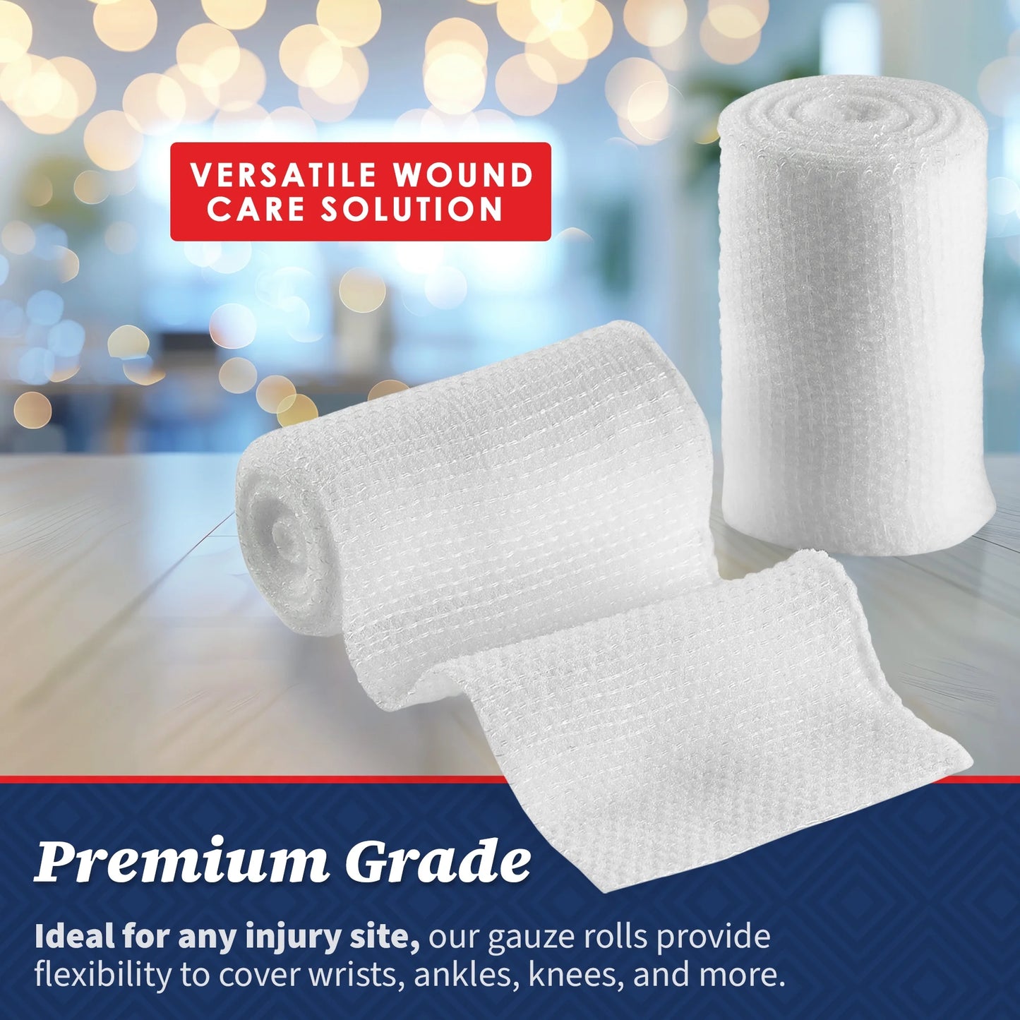 Two rolls of gauze with a blurred background and text about wound care solution.