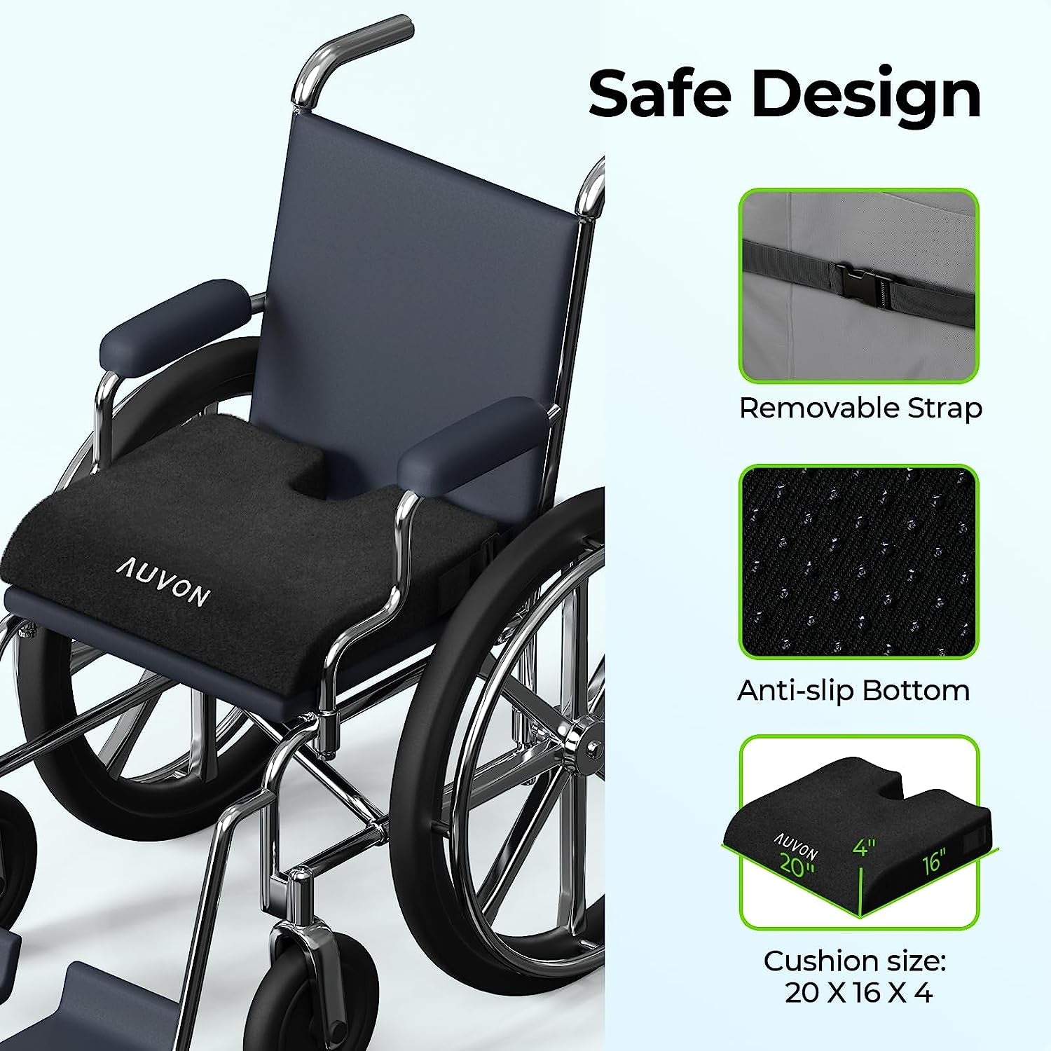 Wheelchair with AUVON cushion, highlighting removable strap and anti-slip bottom features.

