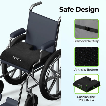 Wheelchair with AUVON cushion, highlighting removable strap and anti-slip bottom features.

