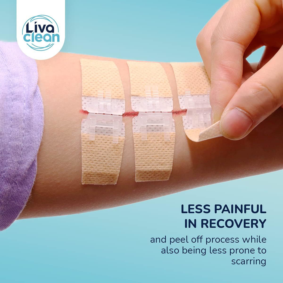 Person applying Liva Clean bandages on a arm with a blue background

