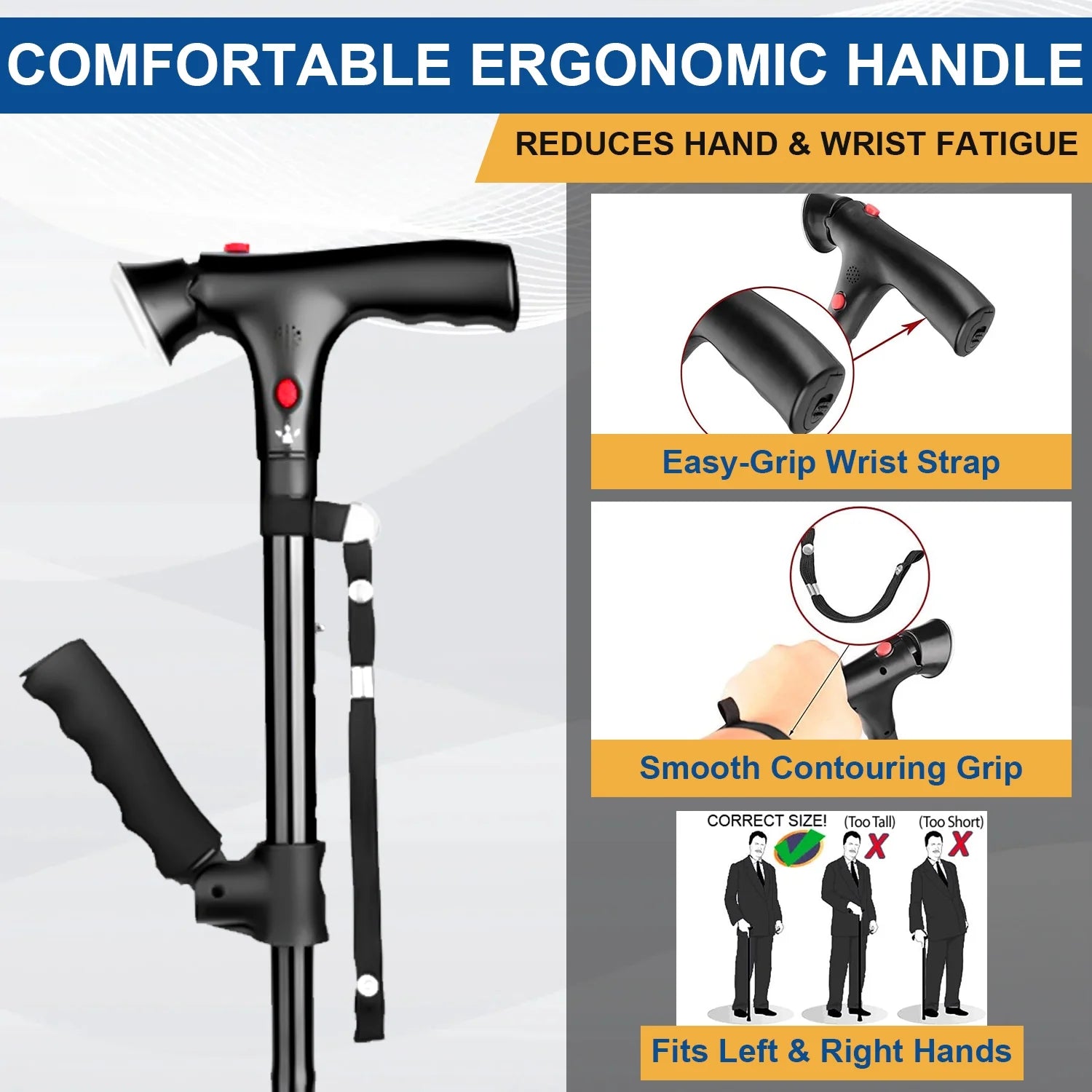 Walking Canes for Men and Women, Foldable, Adjustable, Aluminum Canes with LED Flashlight, Fall Alarm, Free Standing Cane, Pivot Tip, Heavy Duty Walking Sticks for Seniors & Adults