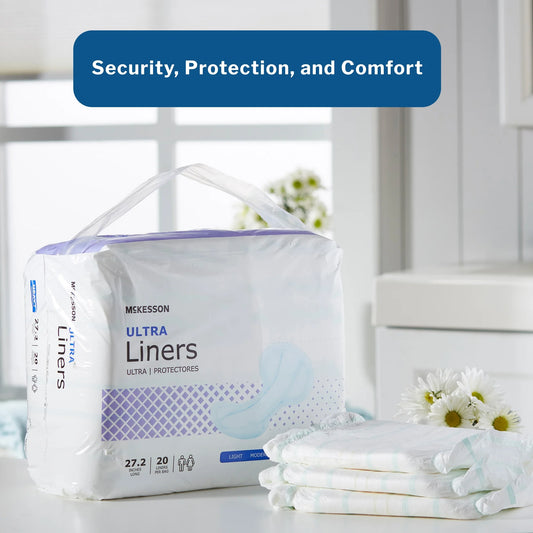Pack of McKesson Ultra Liners with a stack of linens on a white surface, labeled 'Security, Protection, and Comfort'.