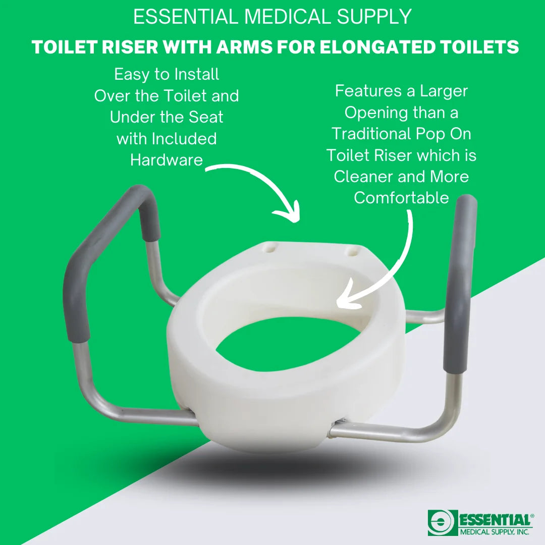 Essential Medical Supply packaging for raised toilet seat with armrests. Features product specs and safety benefits.