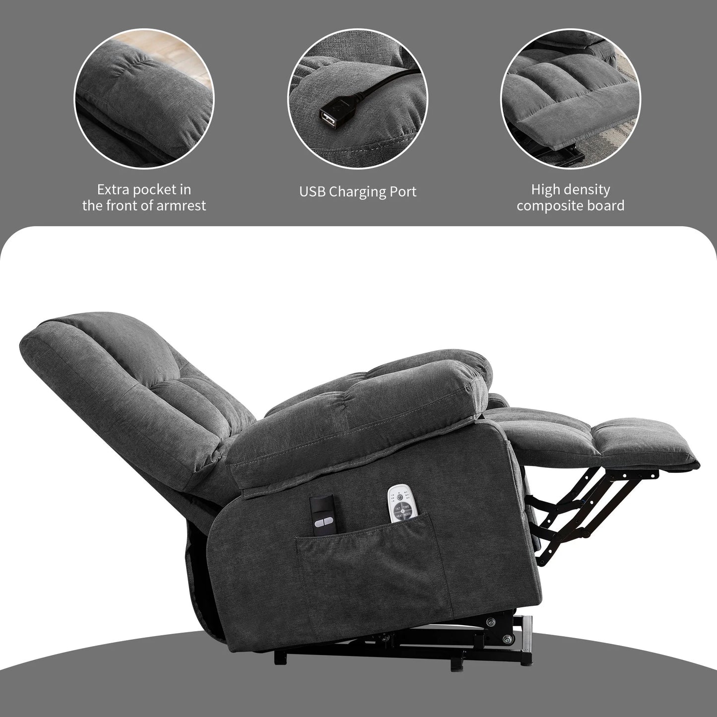 Gray recliner chair with features highlighted on a gray background